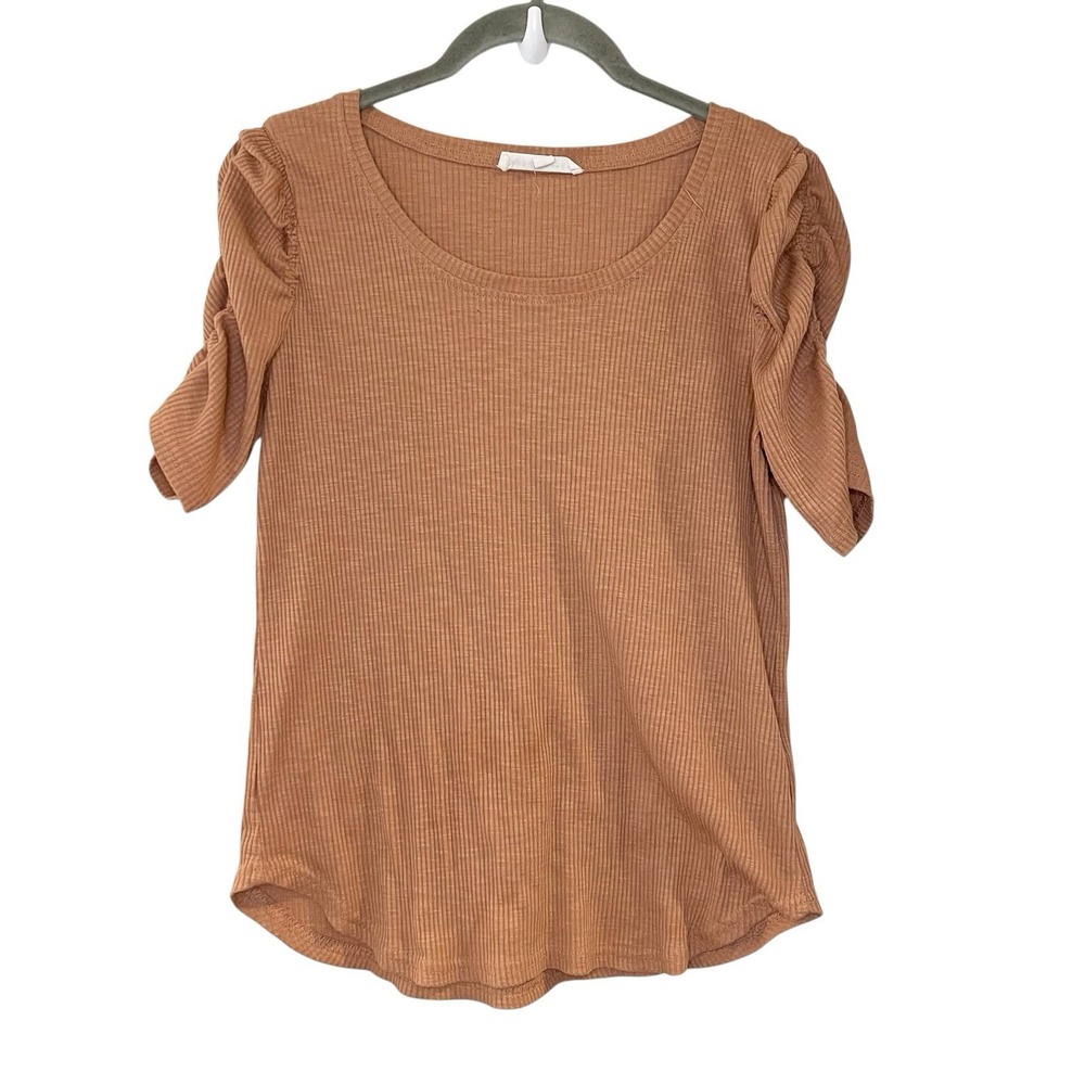 Jane and Delancey T Shirt Rust Orange Rib Knit Ruched Sleeve Scoop Knit Top S